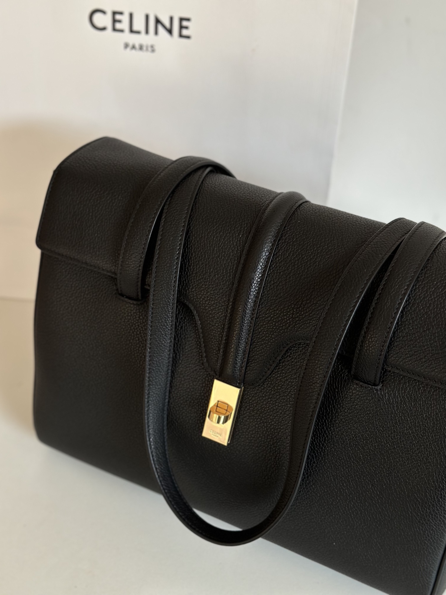 CELINE Large Soft 16 Bag in Supple Grained Calfskin Black