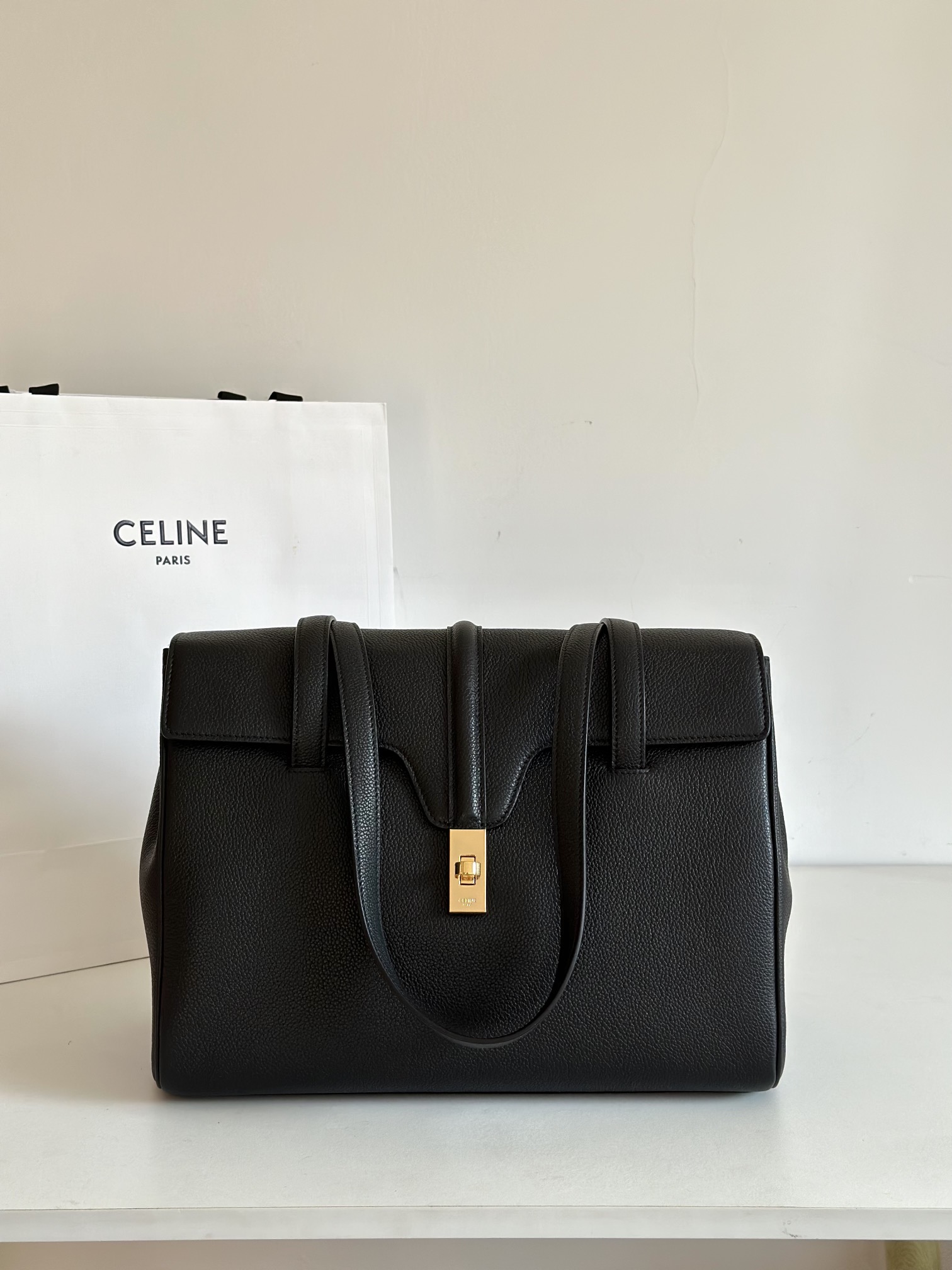 CELINE Medium Soft 16 bag in Supple Grained Calfskin Black