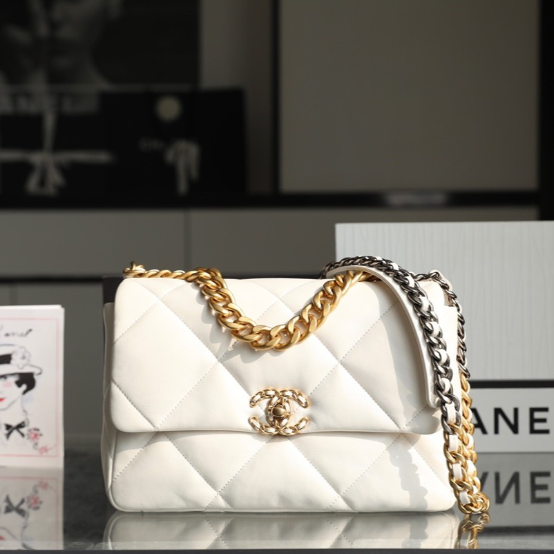 CHANEL Large 19 Flap Bag White Lambskin Mixed Metal Hardware