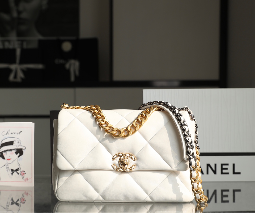 CHANEL Large 19 Flap Bag White Lambskin Mixed Metal Hardware