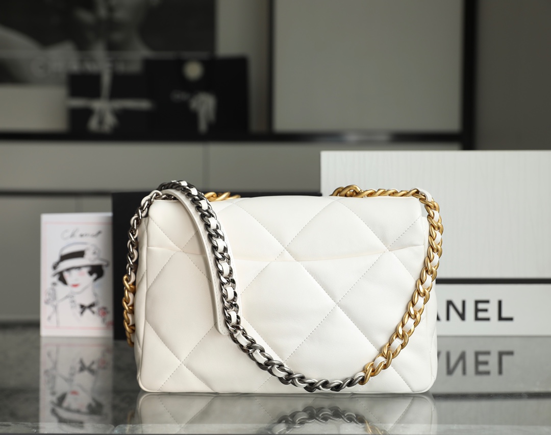 CHANEL Large 19 Flap Bag White Lambskin Mixed Metal Hardware