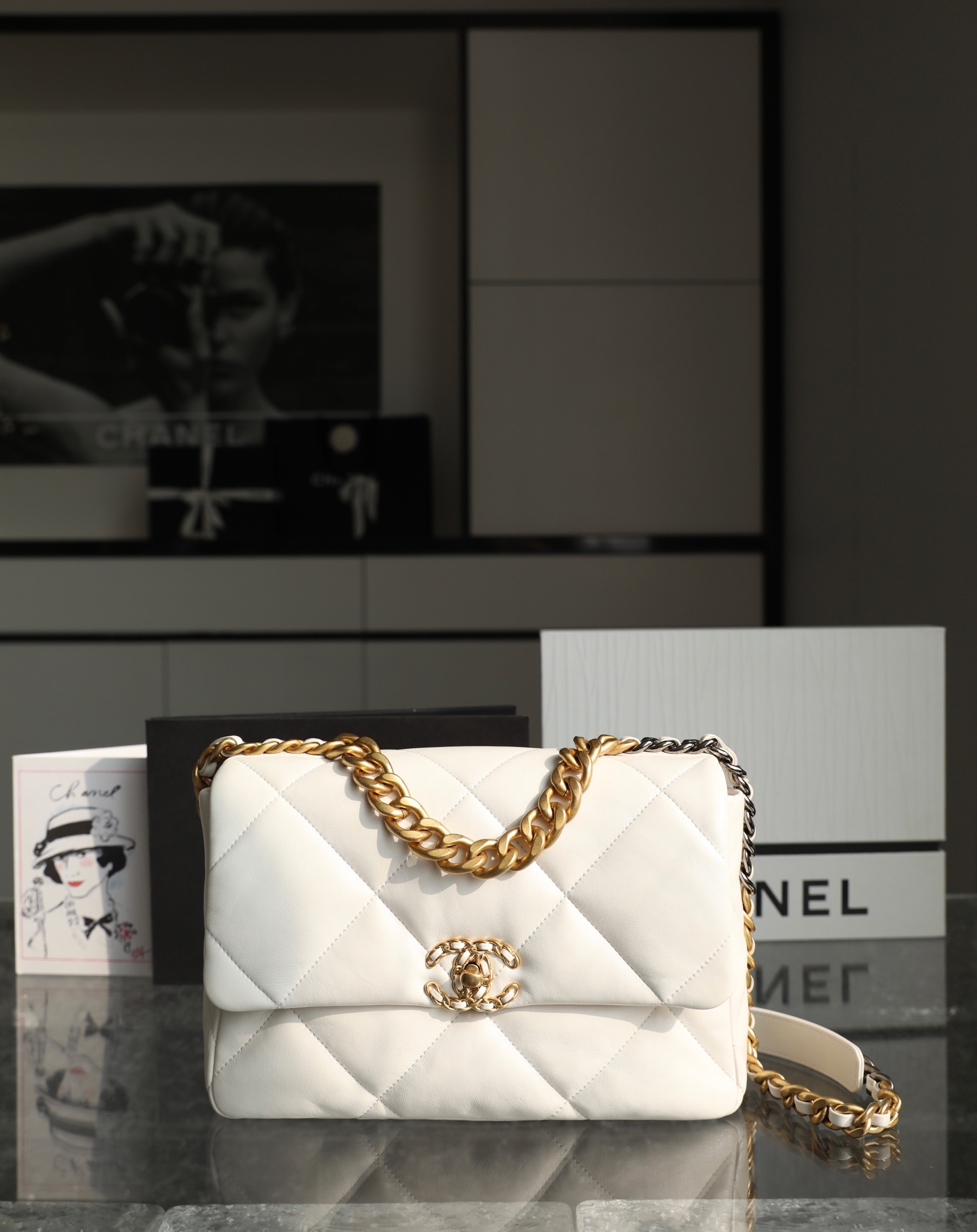 CHANEL Large 19 Flap Bag White Lambskin Mixed Metal Hardware