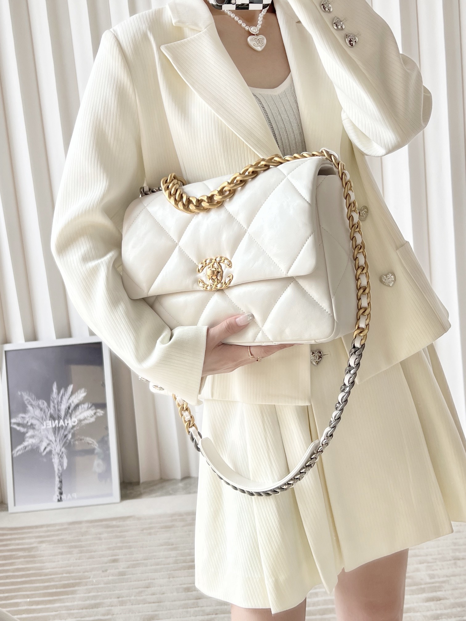 CHANEL Large 19 Flap Bag White Lambskin Mixed Metal Hardware