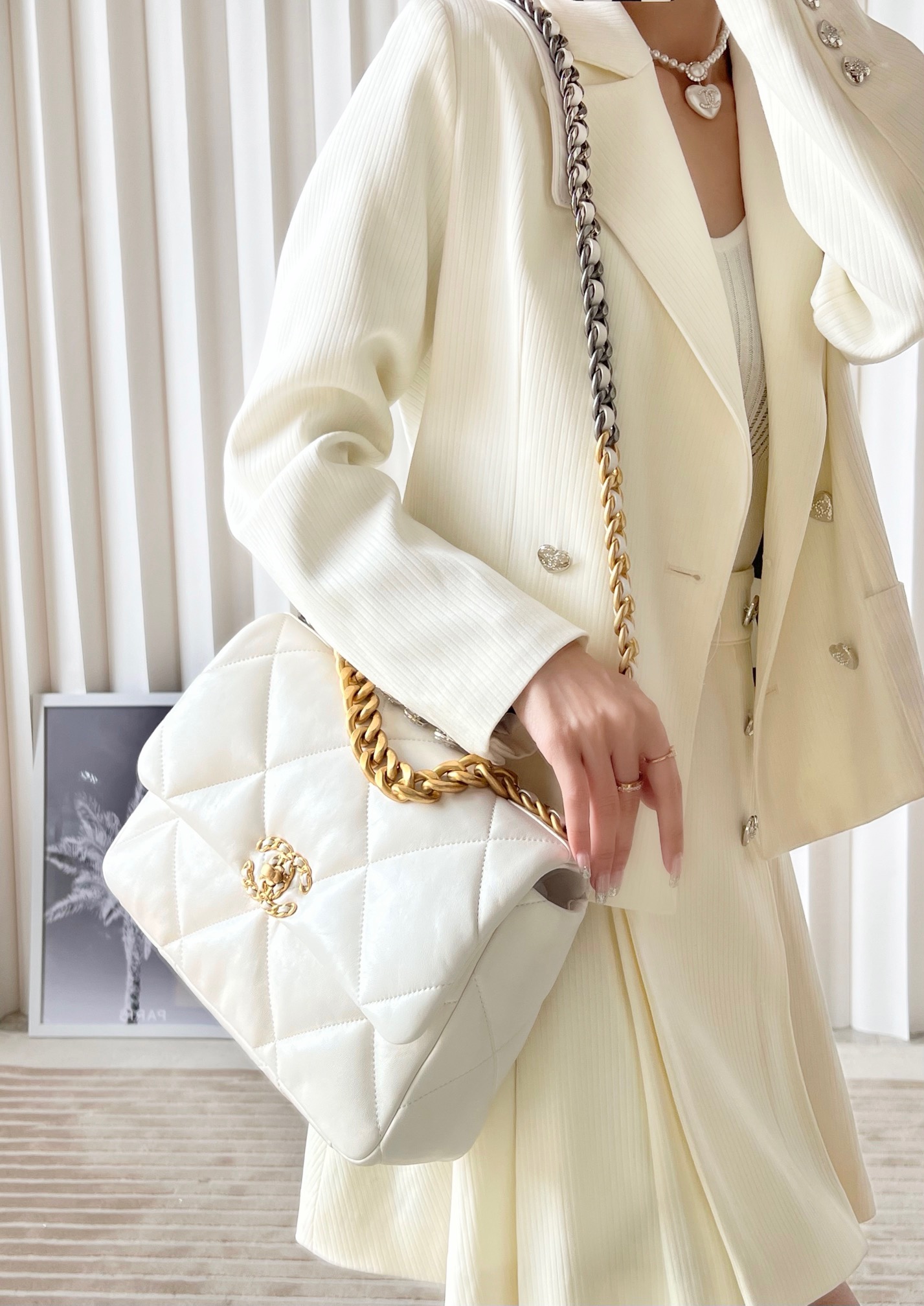 CHANEL Large 19 Flap Bag White Lambskin Mixed Metal Hardware