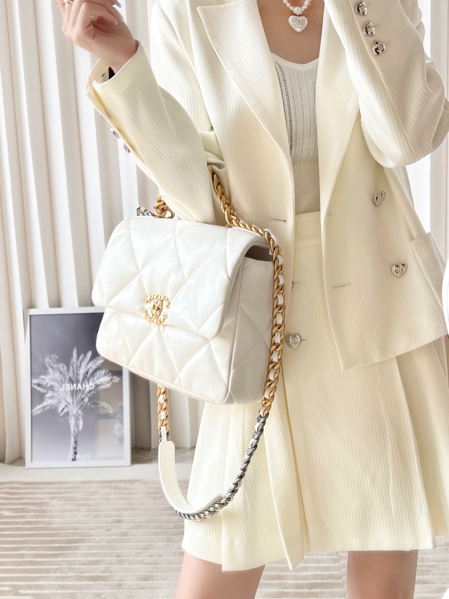 CHANEL Large 19 Flap Bag White Lambskin Mixed Metal Hardware