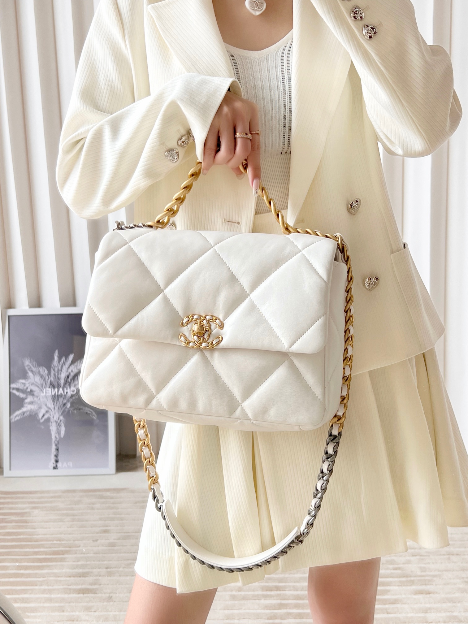 CHANEL Large 19 Flap Bag White Lambskin Mixed Metal Hardware