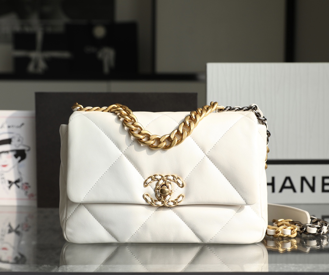 CHANEL Small 19 Flap Bag White Lambskin Mixed Metal Hardware