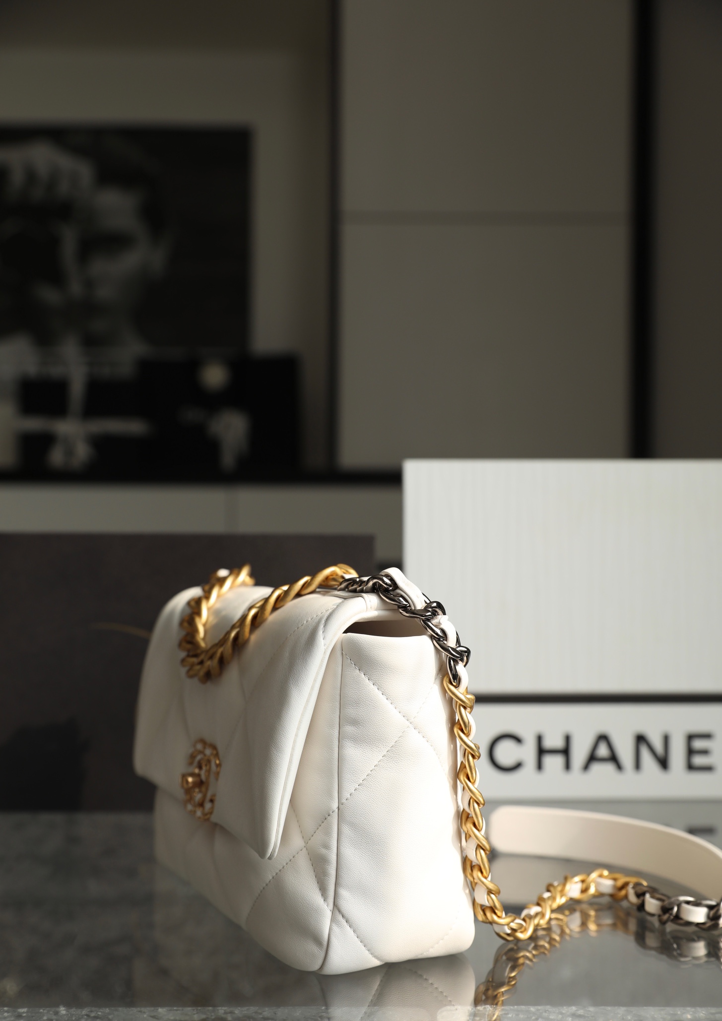 CHANEL Small 19 Flap Bag White Lambskin Mixed Metal Hardware