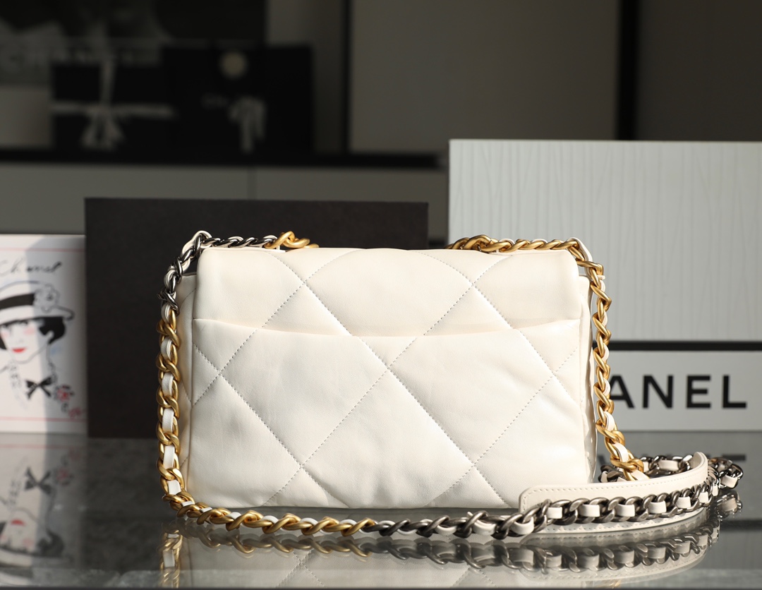 CHANEL Small 19 Flap Bag White Lambskin Mixed Metal Hardware