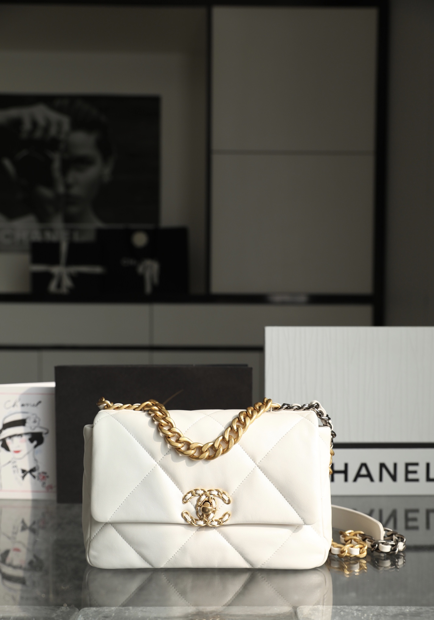 CHANEL Small 19 Flap Bag White Lambskin Mixed Metal Hardware