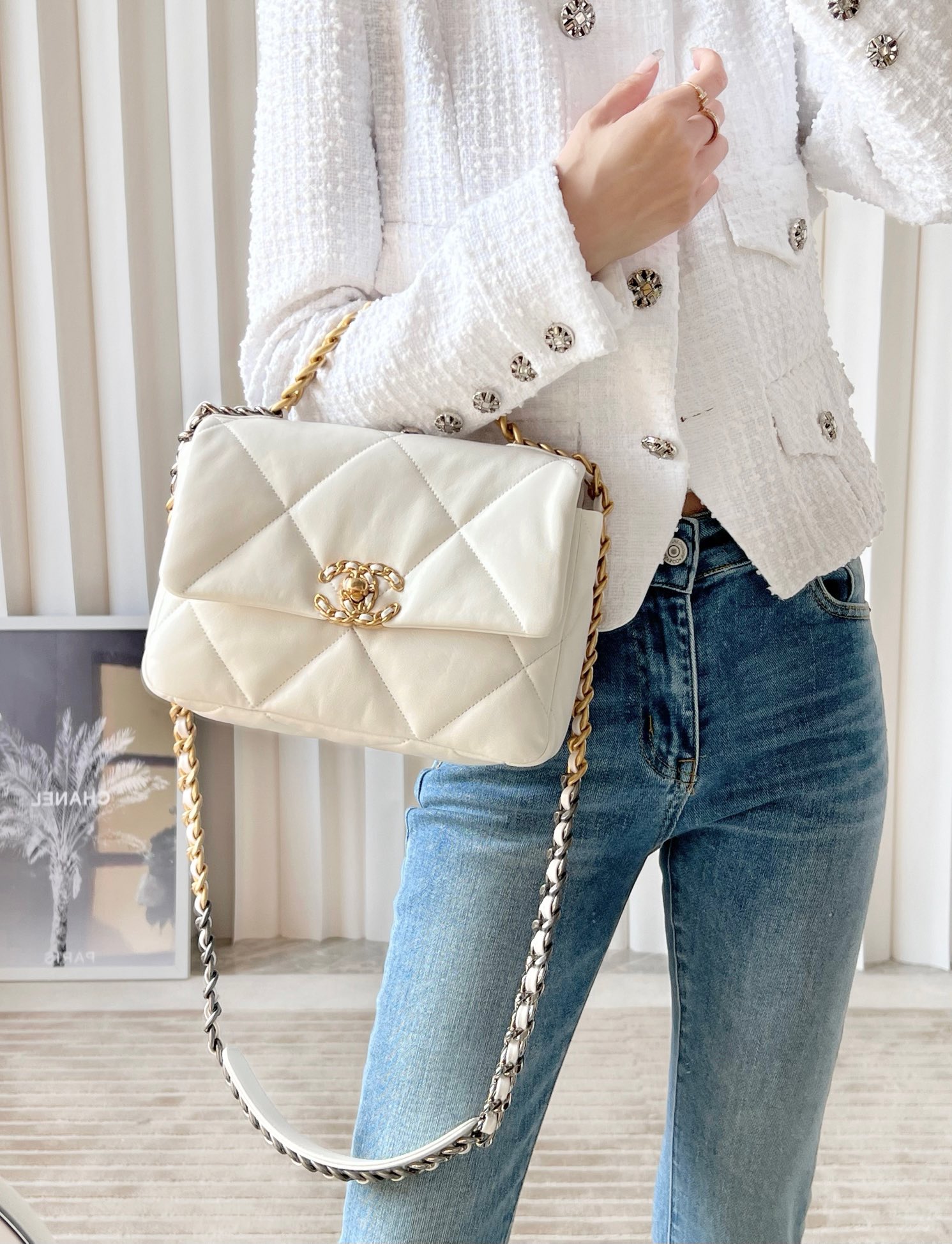 CHANEL Small 19 Flap Bag White Lambskin Mixed Metal Hardware