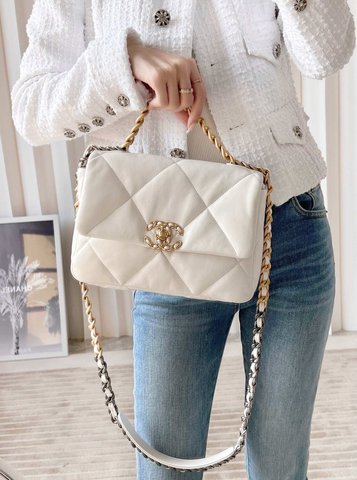 CHANEL Small 19 Flap Bag White Lambskin Mixed Metal Hardware