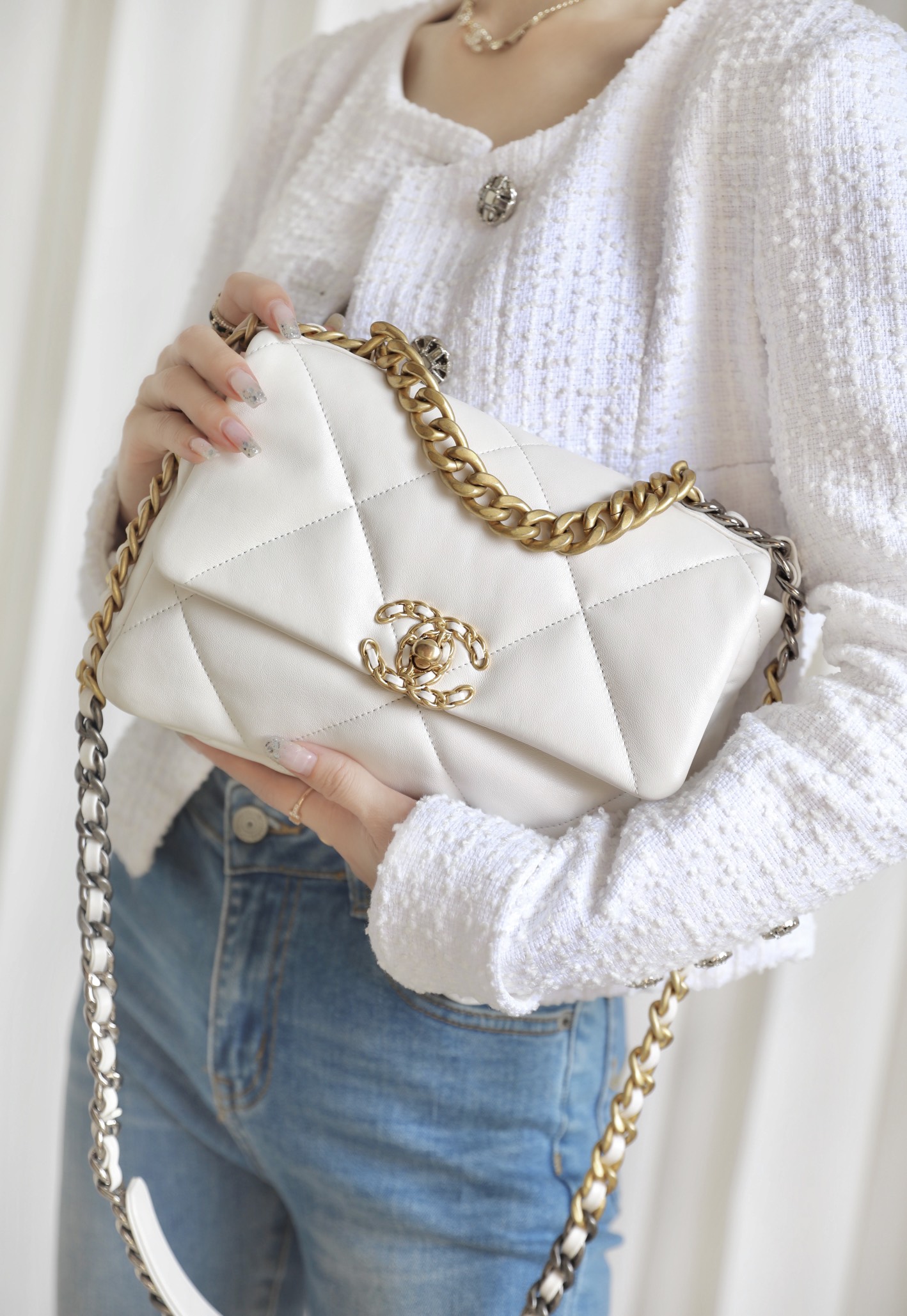 CHANEL Small 19 Flap Bag White Lambskin Mixed Metal Hardware