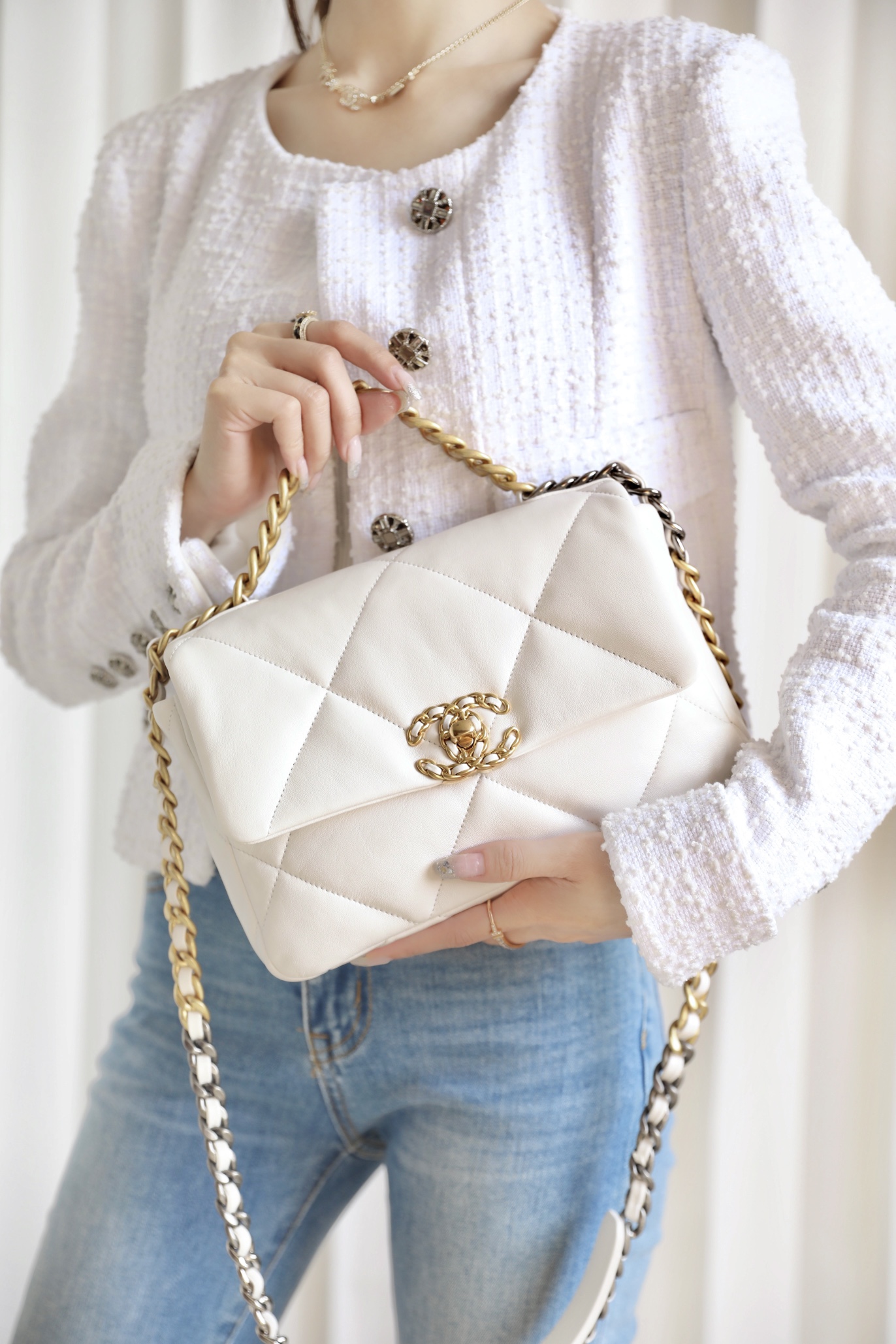 CHANEL Small 19 Flap Bag White Lambskin Mixed Metal Hardware