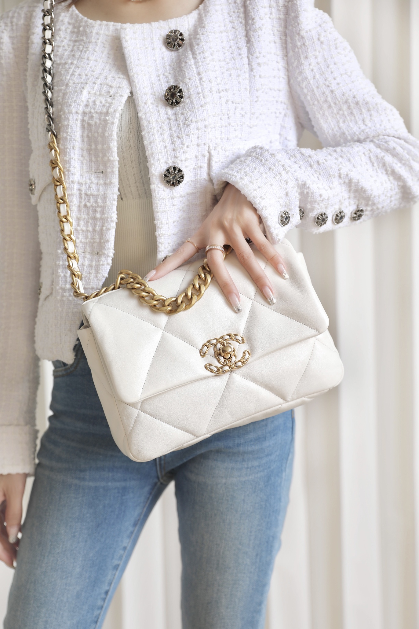 CHANEL Small 19 Flap Bag White Lambskin Mixed Metal Hardware