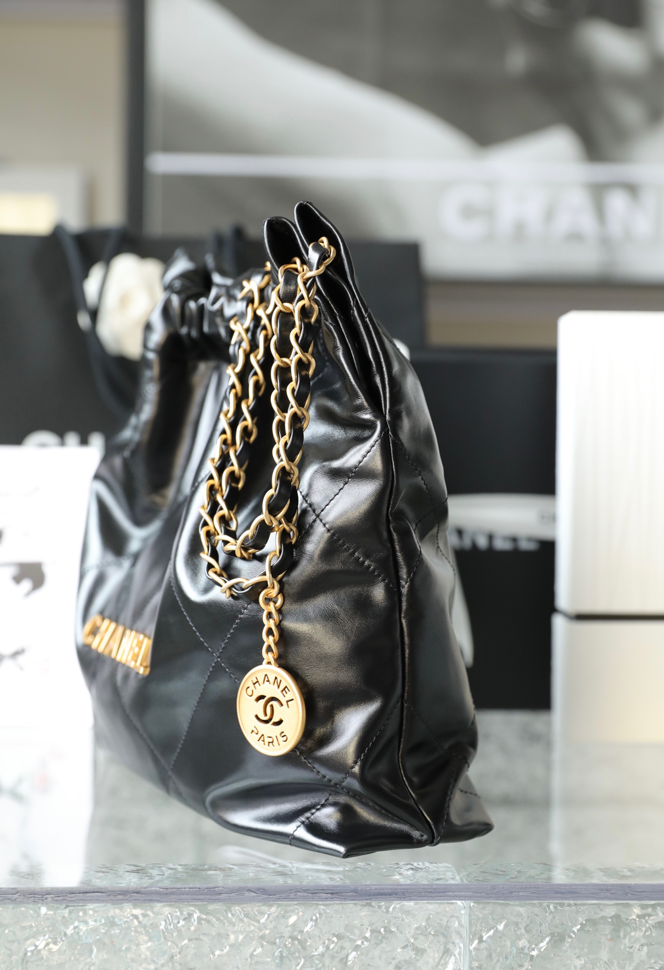 CHANEL Small 22 Bag Black Calfskin Gold Hardware