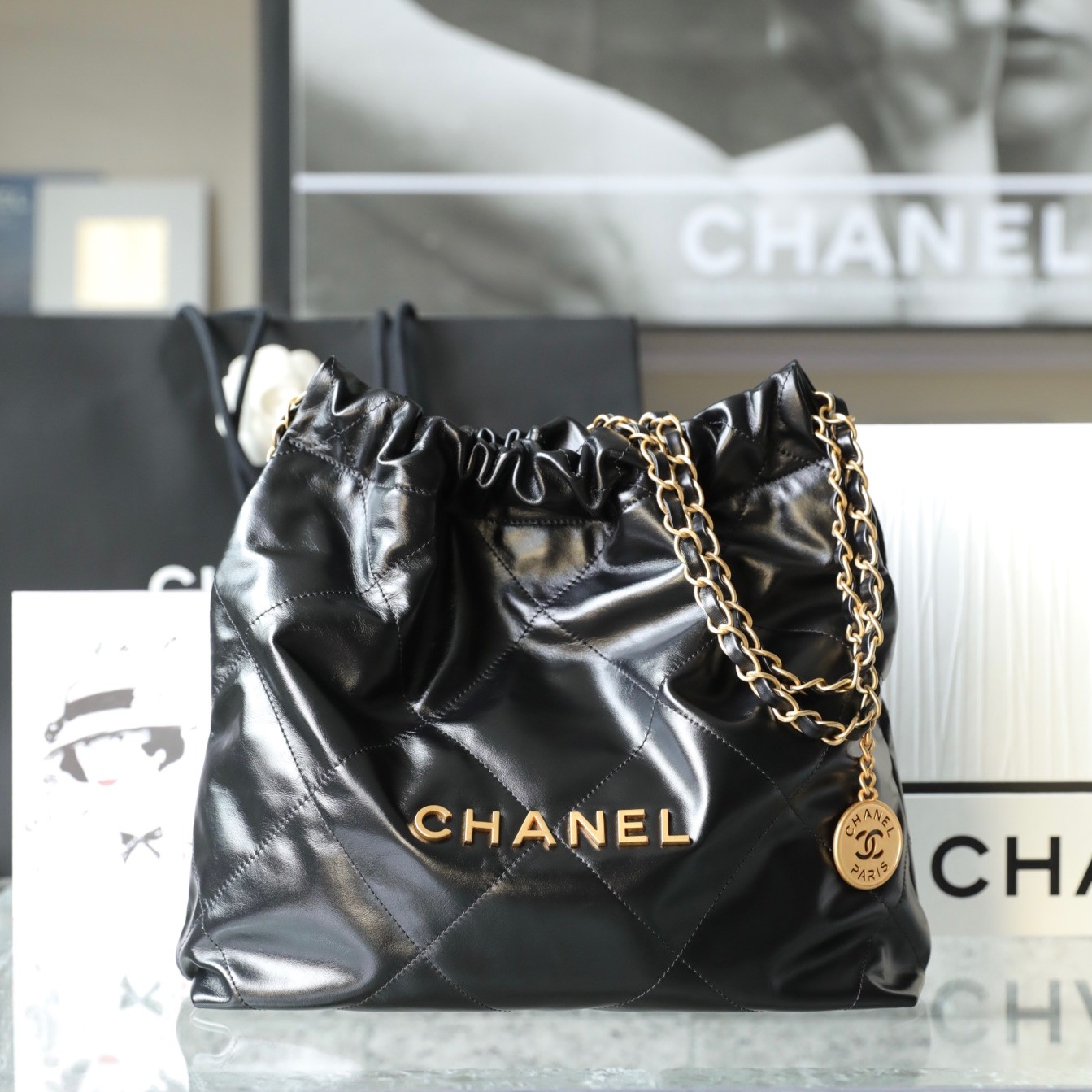 CHANEL Small 22 Bag Black Calfskin Gold Hardware