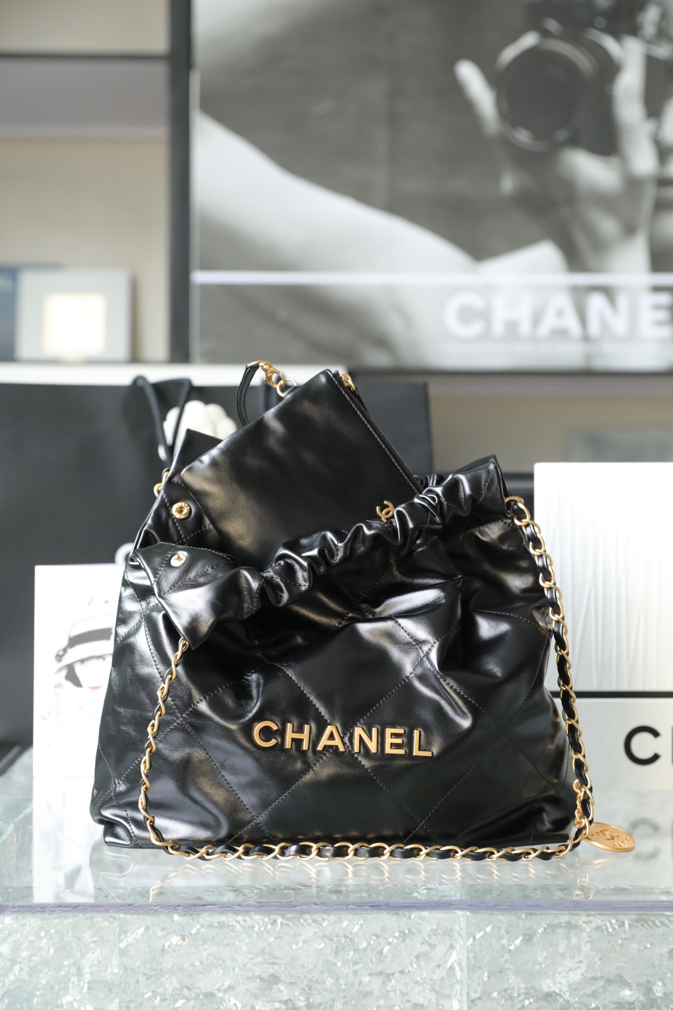 CHANEL Small 22 Bag Black Calfskin Gold Hardware