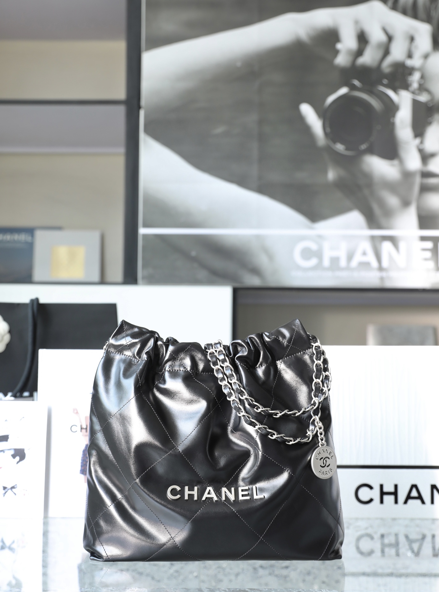 CHANEL Small 22 Bag Black Calfskin Silver Hardware