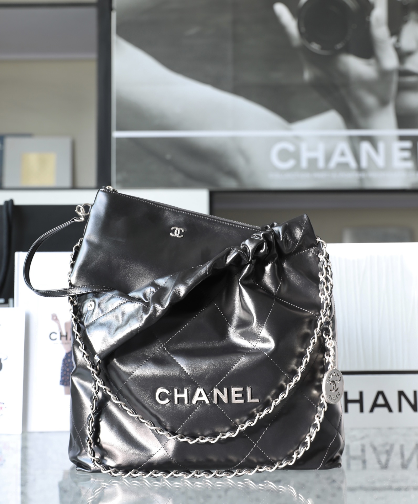 CHANEL Small 22 Bag Black Calfskin Silver Hardware