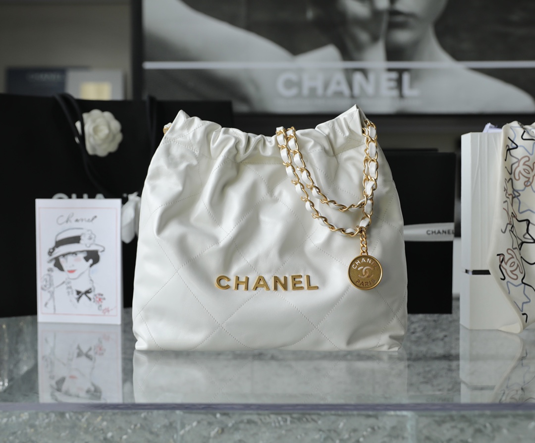 CHANEL Small 22 Bag White Calfskin Gold Hardware