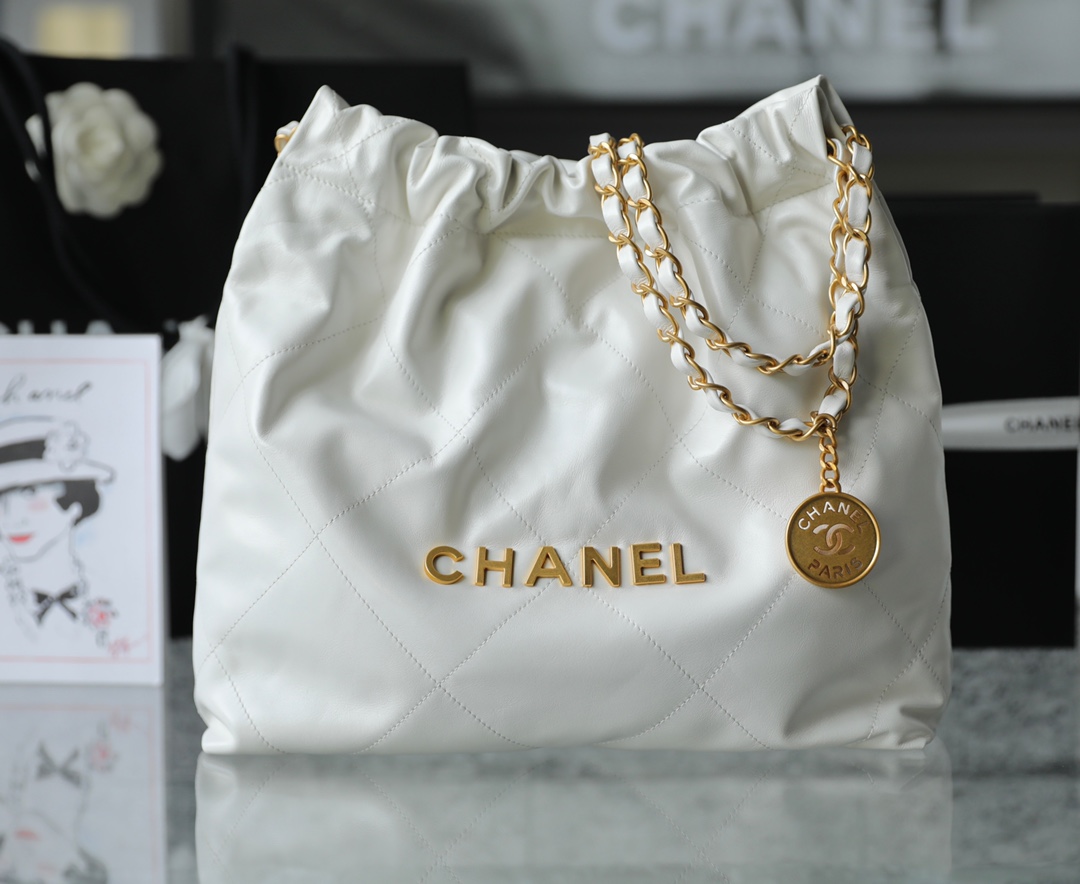 CHANEL Small 22 Bag White Calfskin Gold Hardware