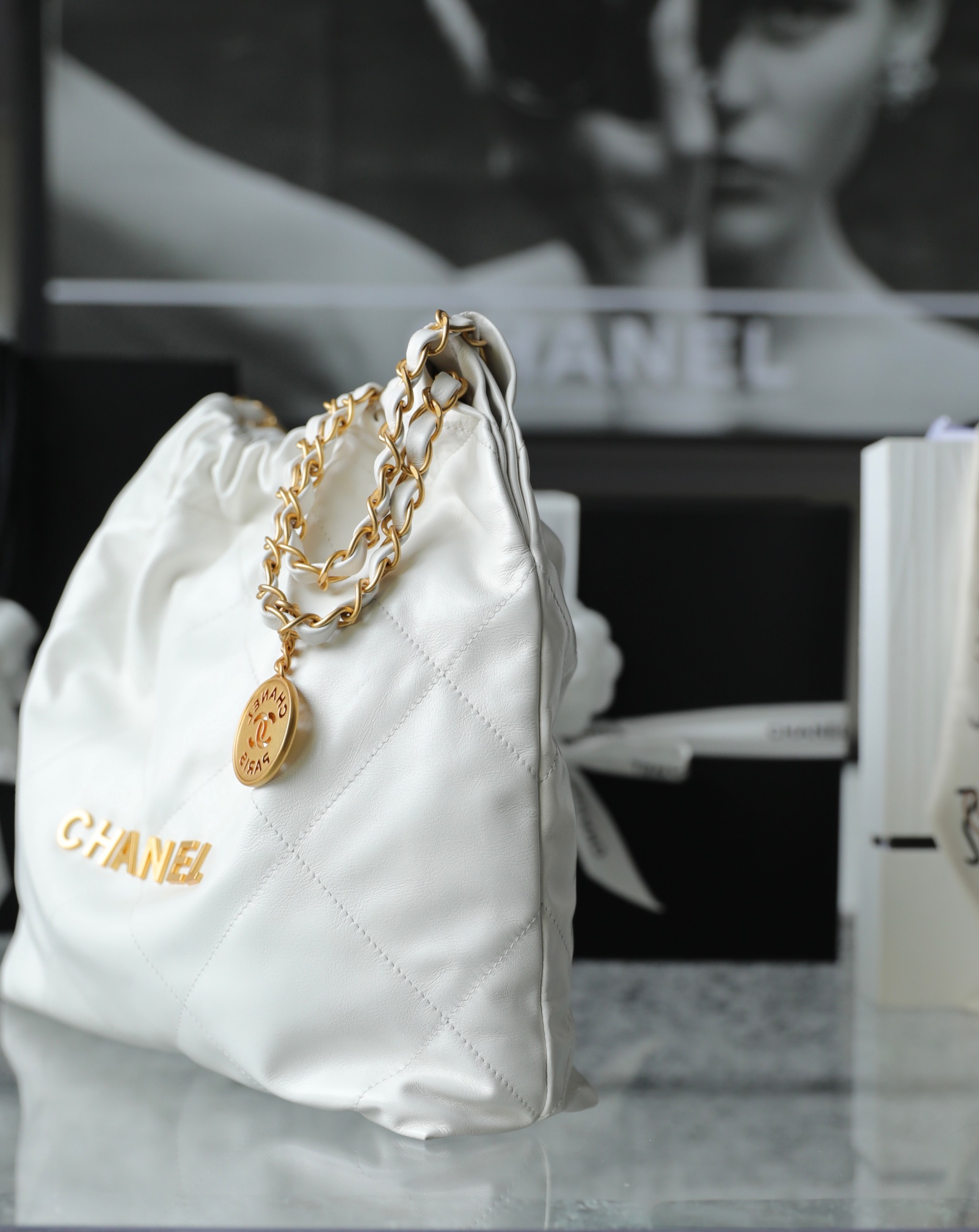 CHANEL Small 22 Bag White Calfskin Gold Hardware