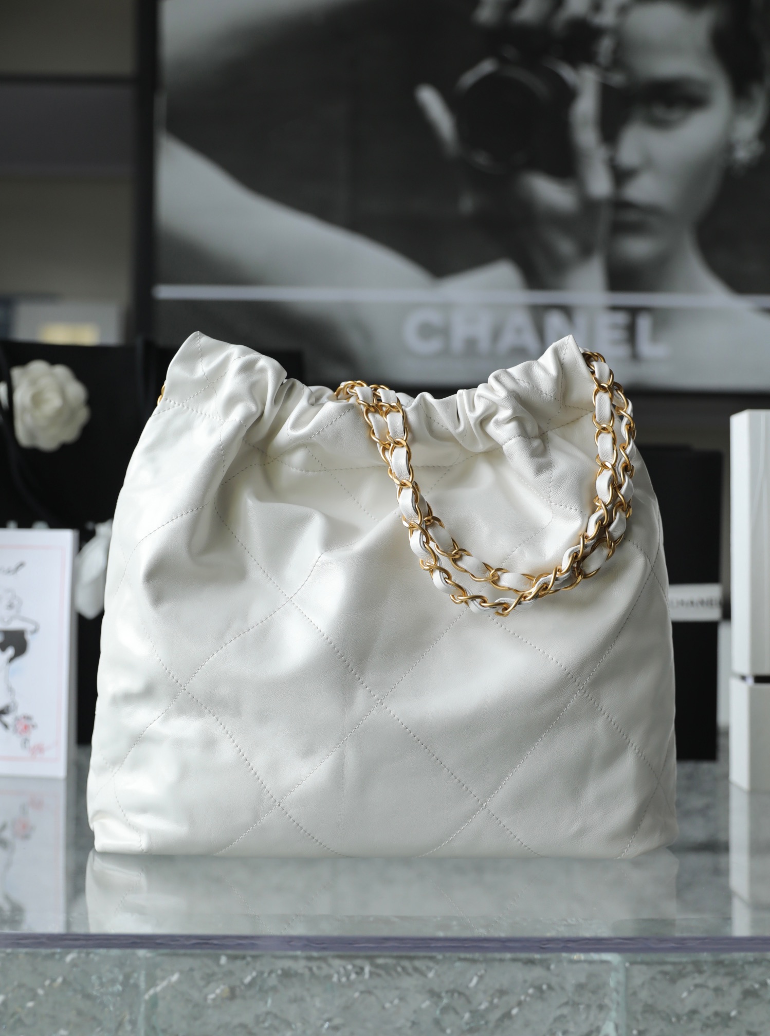 CHANEL Small 22 Bag White Calfskin Gold Hardware