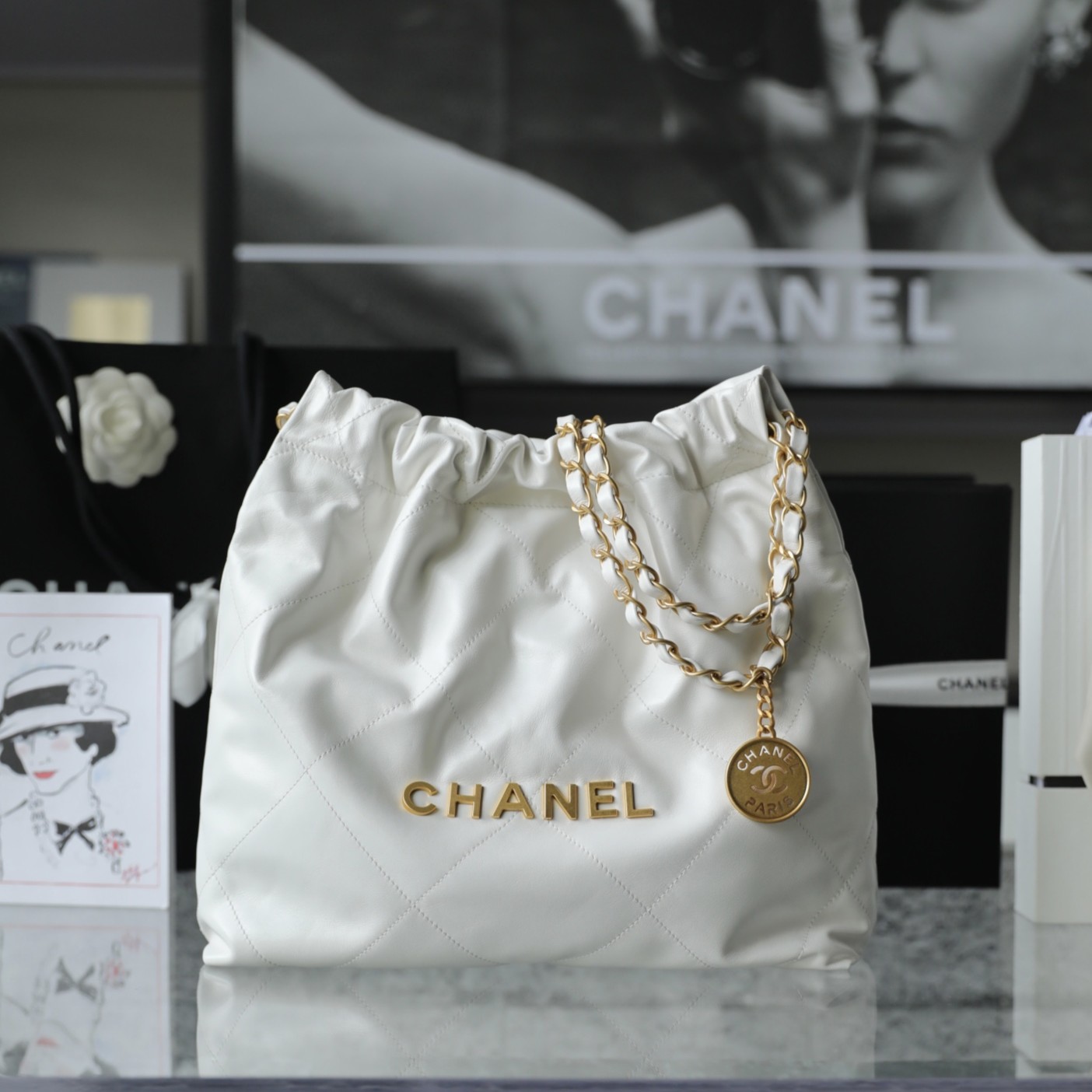 CHANEL Small 22 Bag White Calfskin Gold Hardware