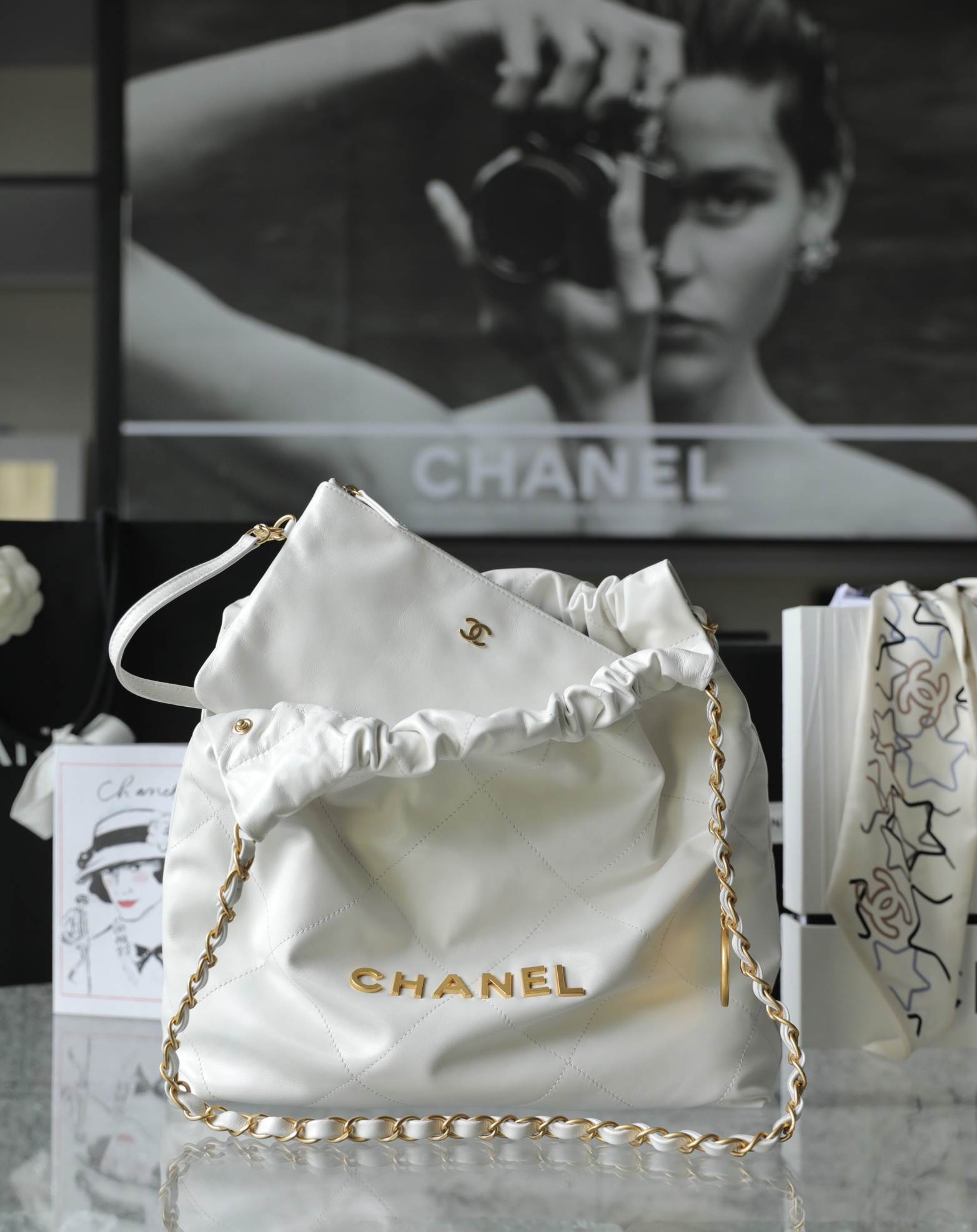 CHANEL Small 22 Bag White Calfskin Gold Hardware