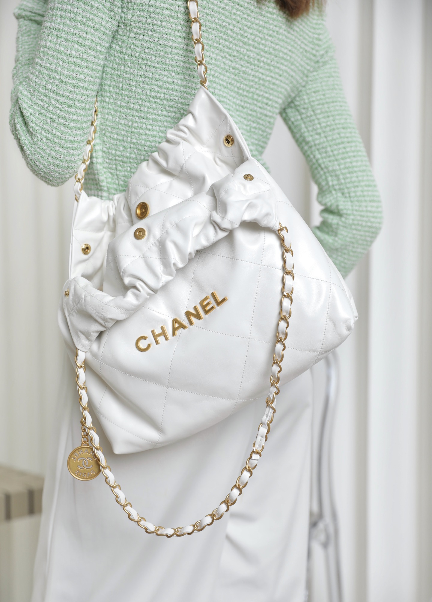 CHANEL Small 22 Bag White Calfskin Gold Hardware