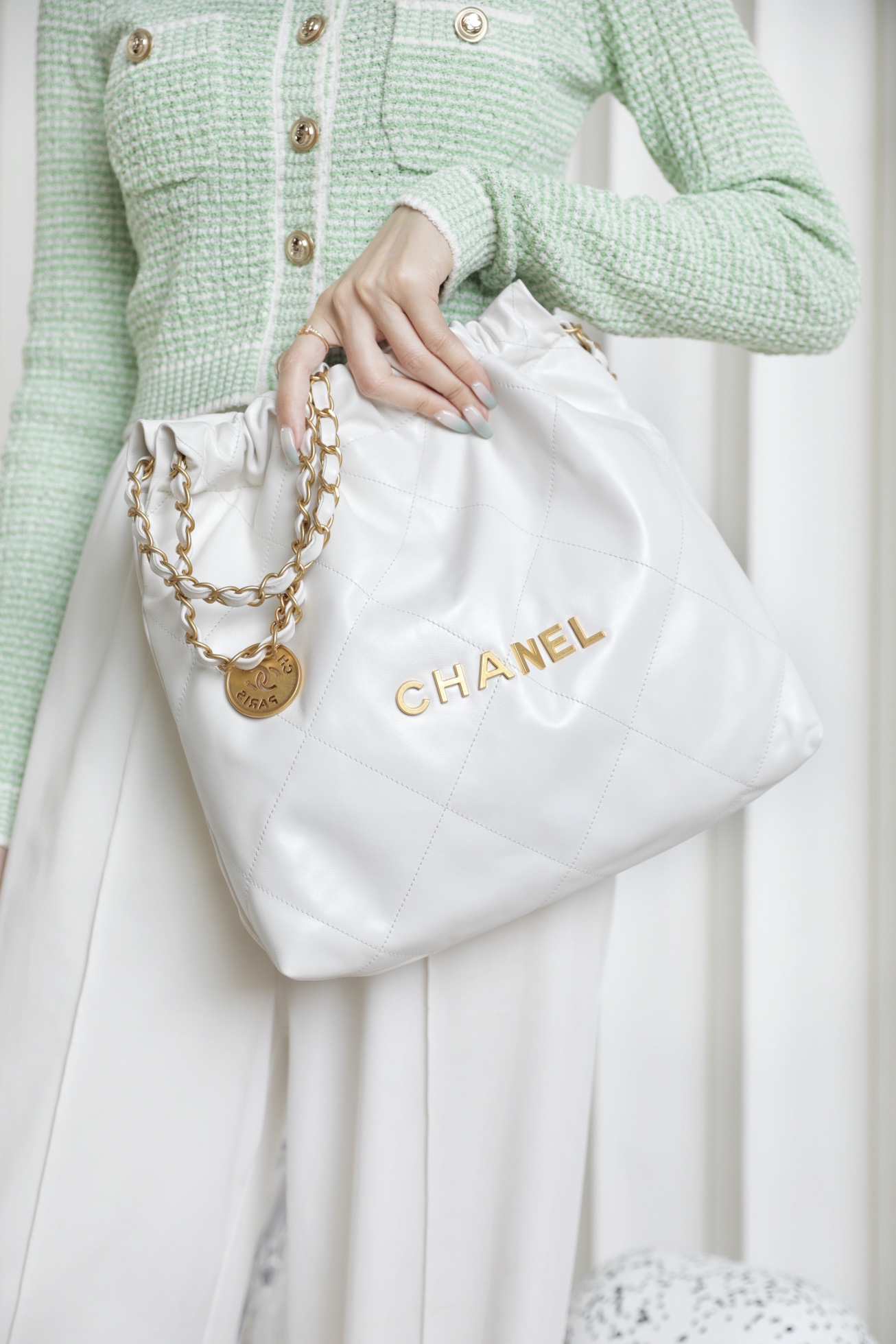 CHANEL Small 22 Bag White Calfskin Gold Hardware