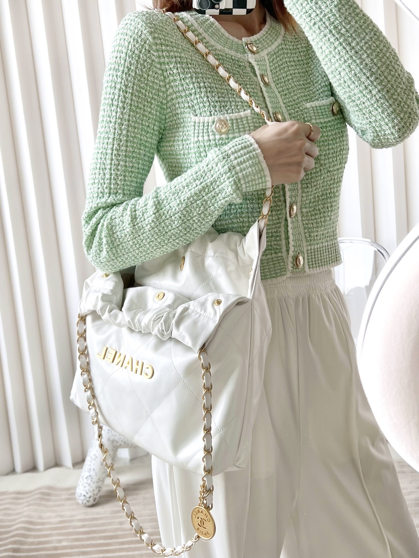 CHANEL Small 22 Bag White Calfskin Gold Hardware