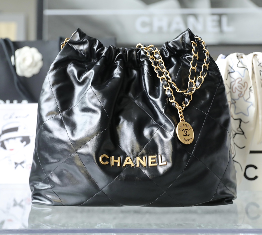 CHANEL Medium 22 Bag Black Calfskin Gold Hardware