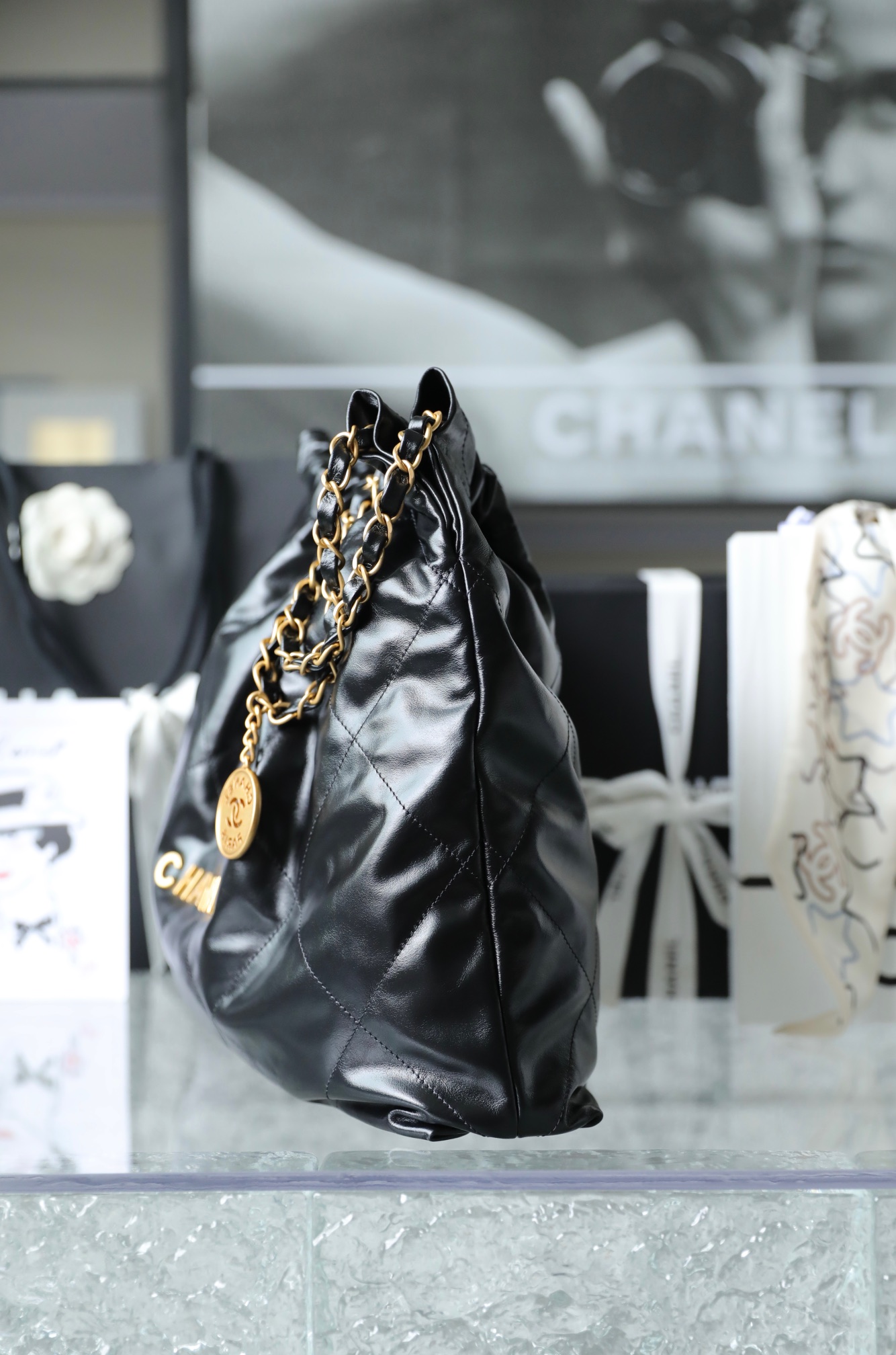 CHANEL Medium 22 Bag Black Calfskin Gold Hardware