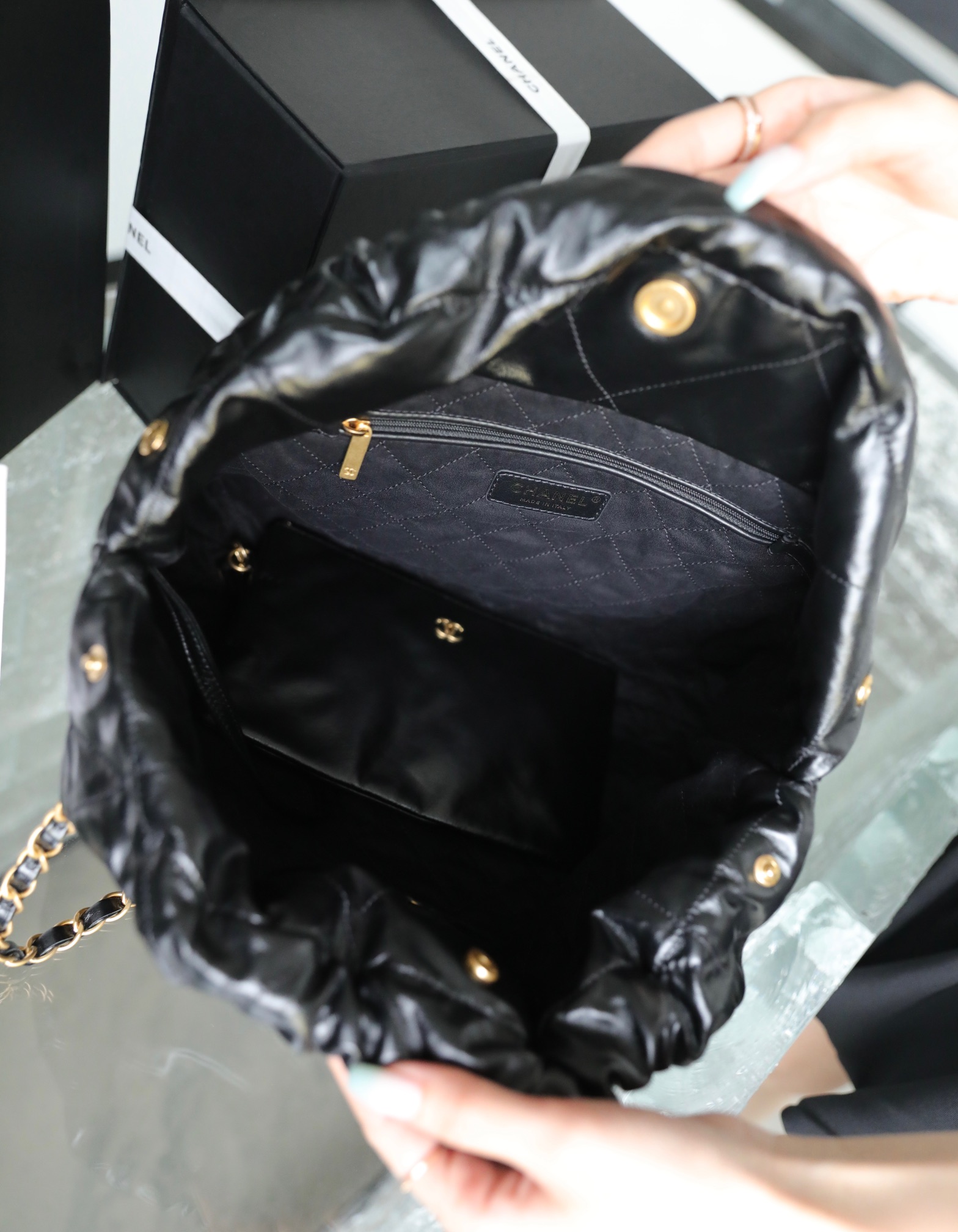 CHANEL Medium 22 Bag Black Calfskin Gold Hardware