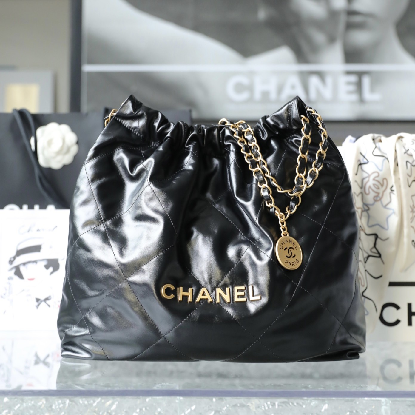 CHANEL Medium 22 Bag Black Calfskin Gold Hardware