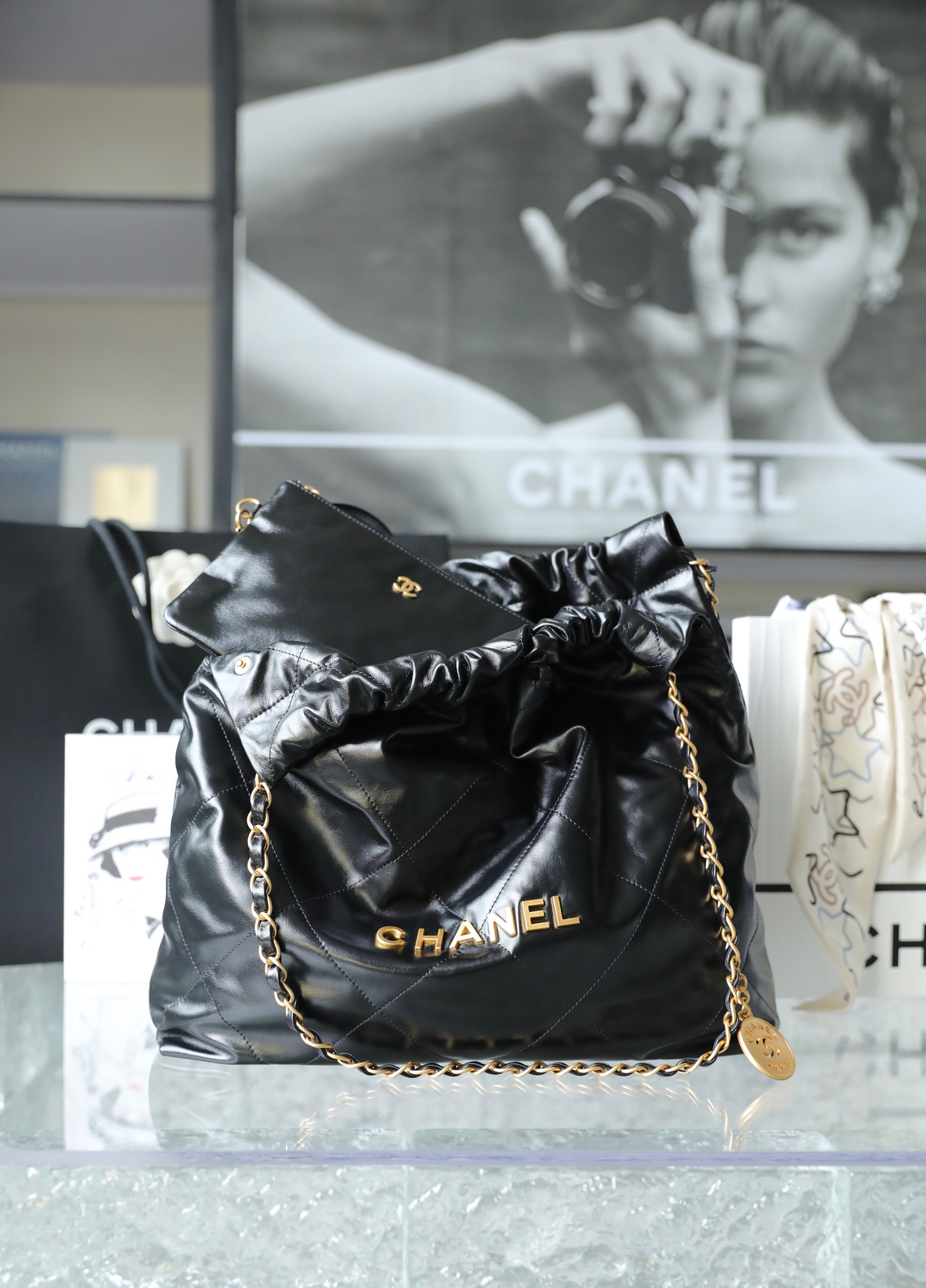 CHANEL Medium 22 Bag Black Calfskin Gold Hardware