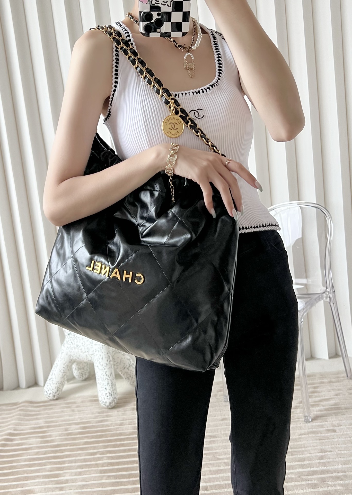 CHANEL Medium 22 Bag Black Calfskin Gold Hardware