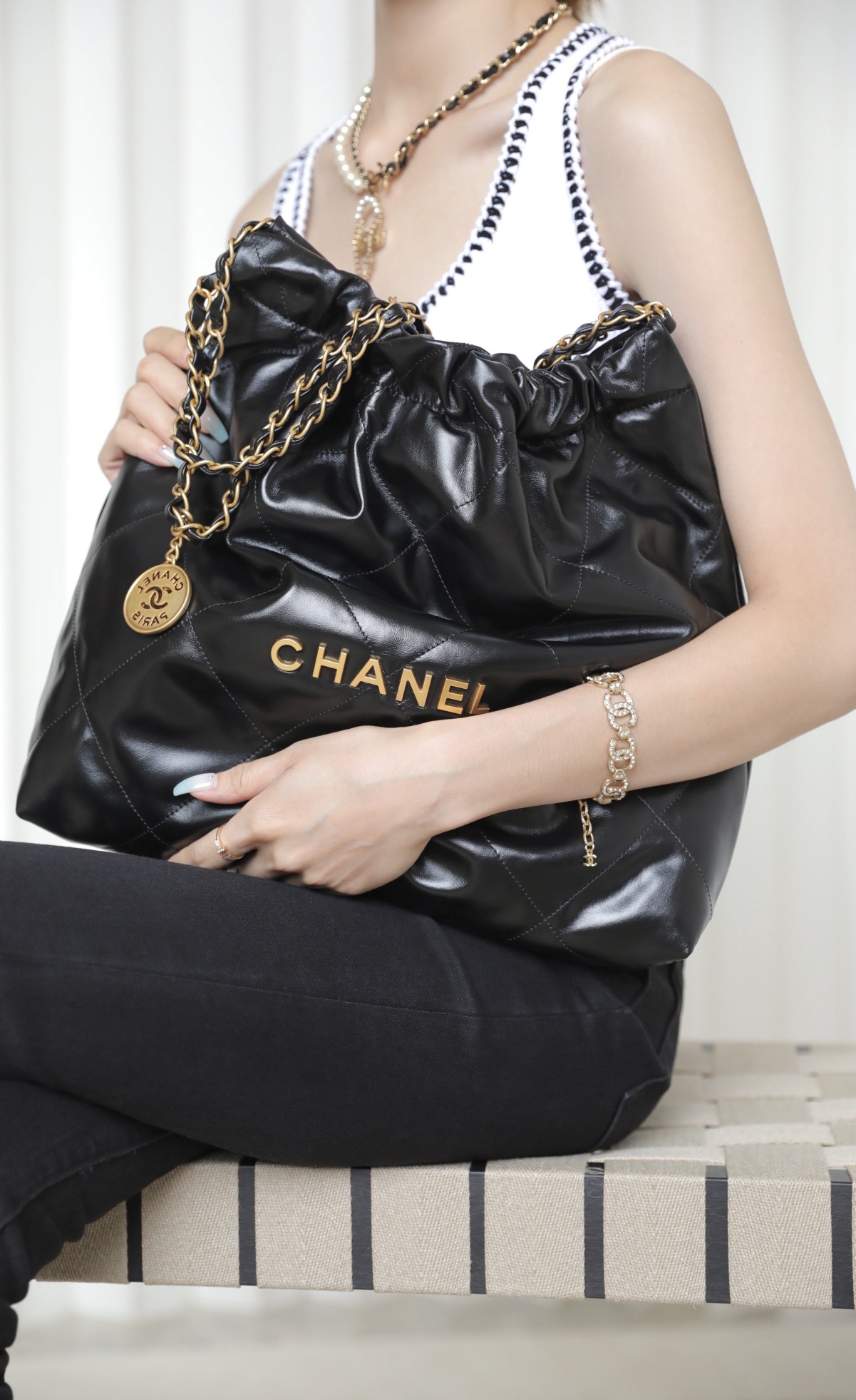 CHANEL Medium 22 Bag Black Calfskin Gold Hardware