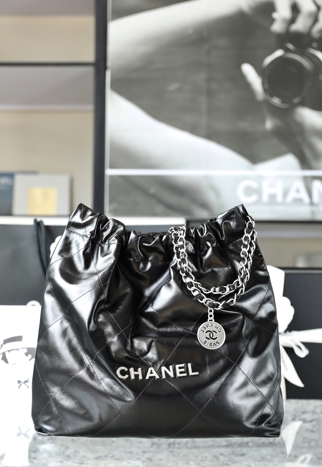 CHANEL Medium 22 Bag Black Calfskin Silver Hardware