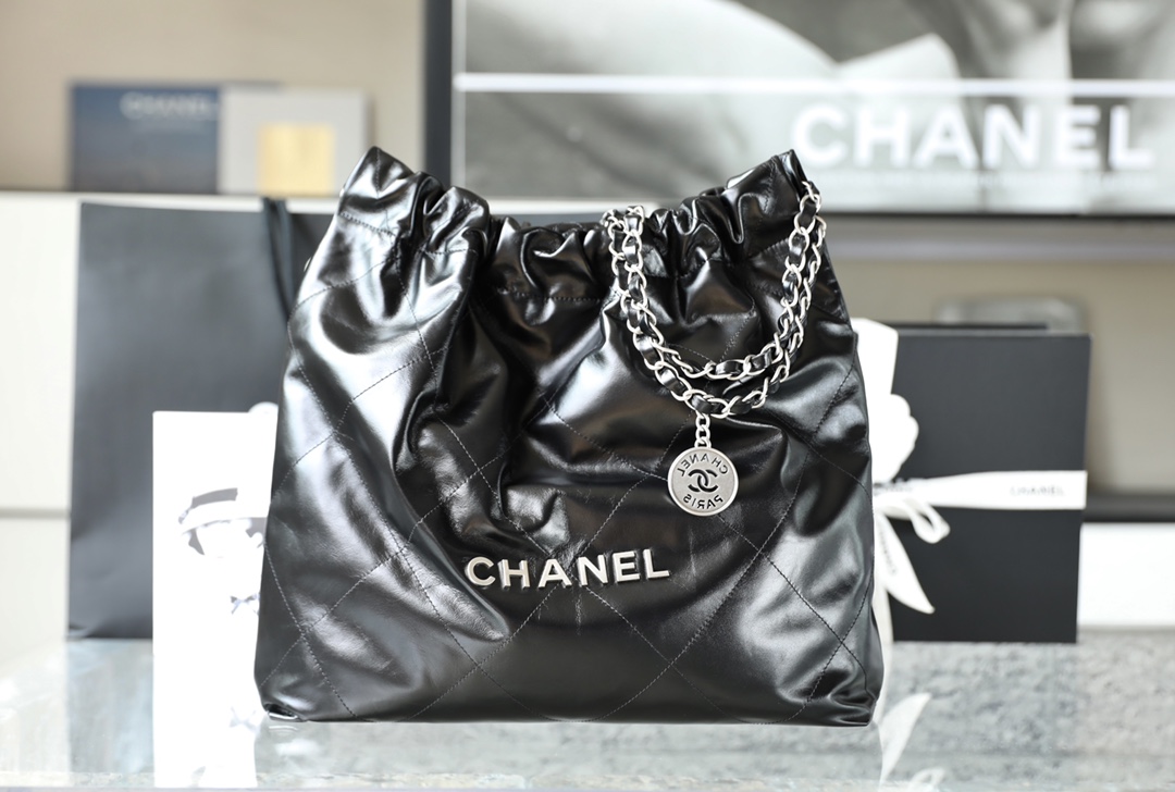 CHANEL Medium 22 Bag Black Calfskin Silver Hardware