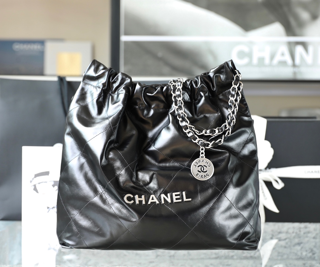 CHANEL Medium 22 Bag Black Calfskin Silver Hardware