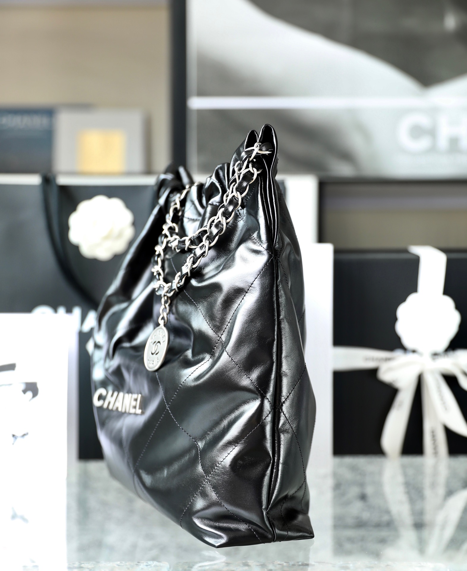 CHANEL Medium 22 Bag Black Calfskin Silver Hardware