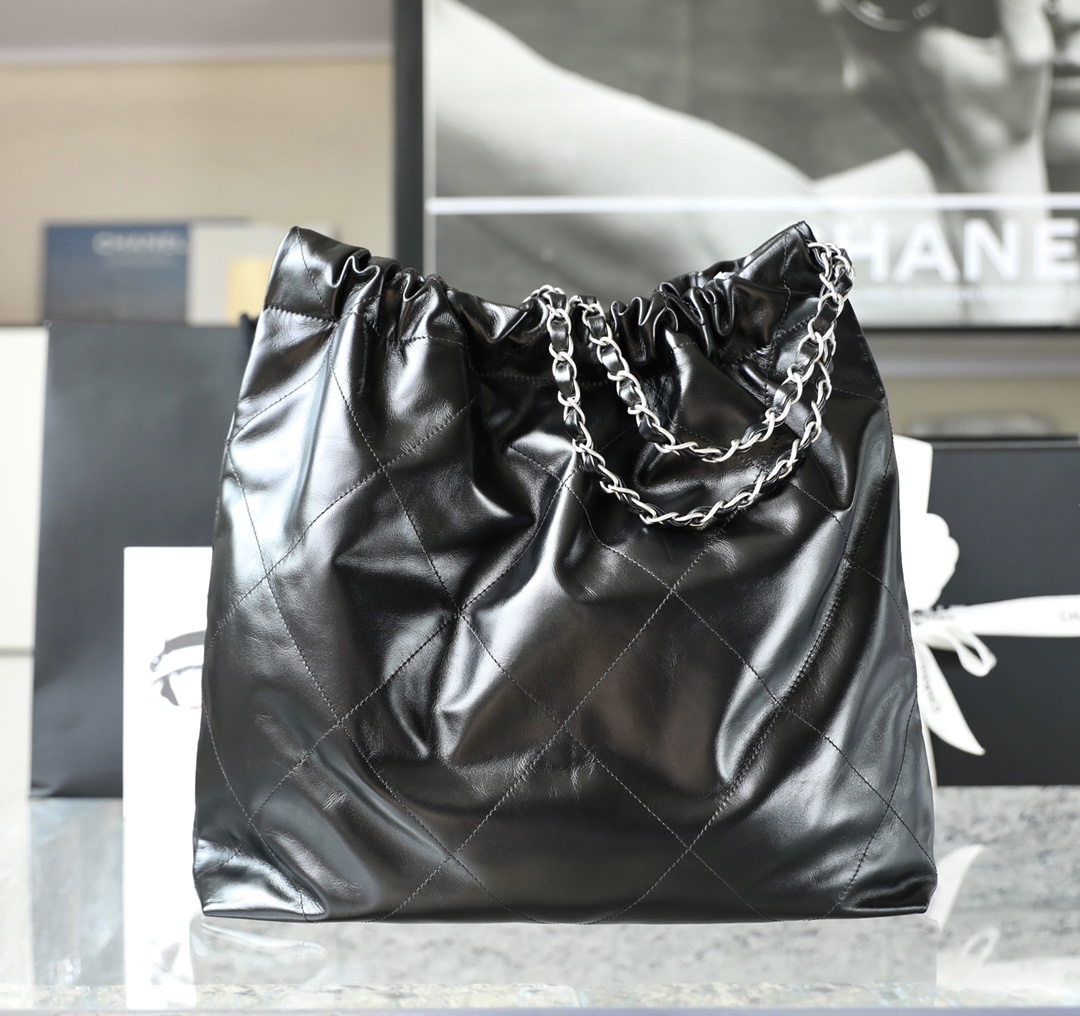 CHANEL Medium 22 Bag Black Calfskin Silver Hardware