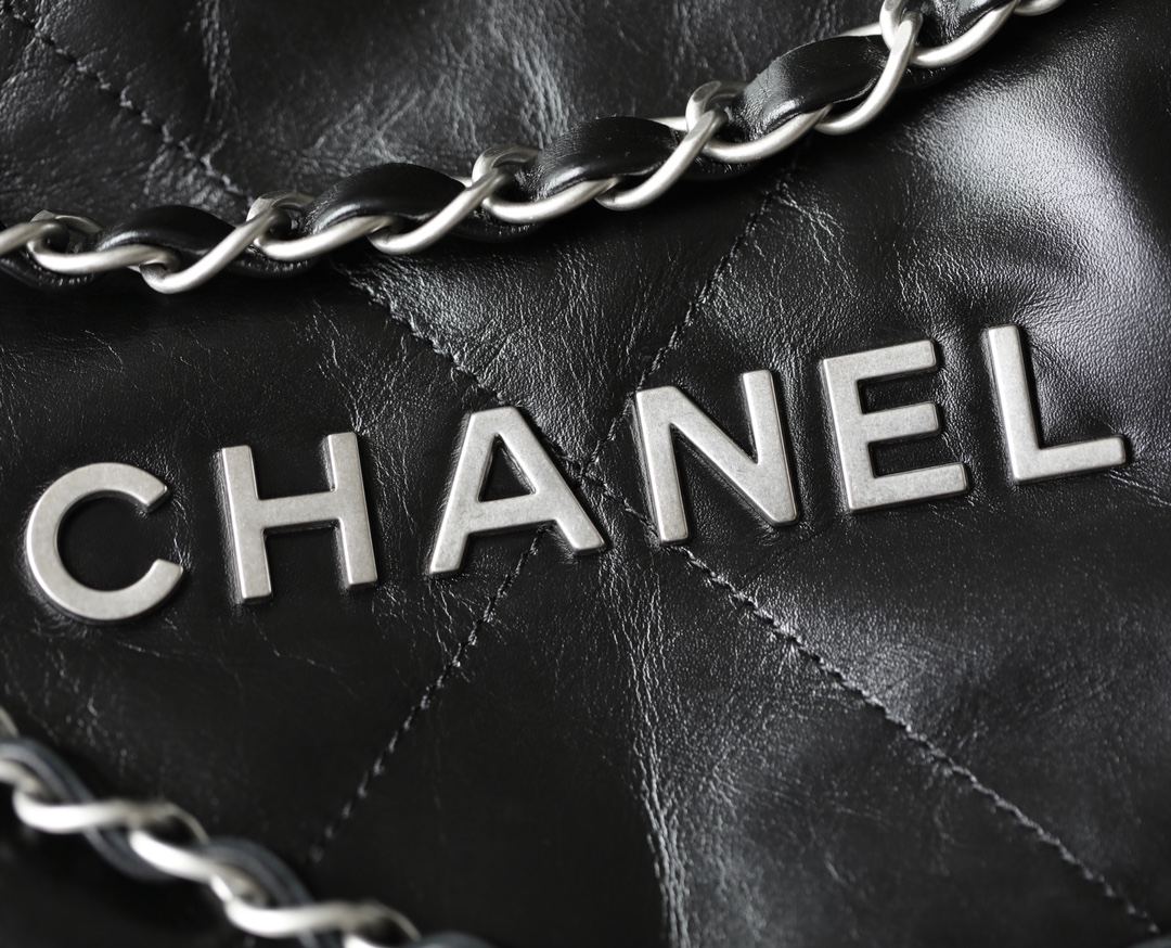 CHANEL Medium 22 Bag Black Calfskin Silver Hardware