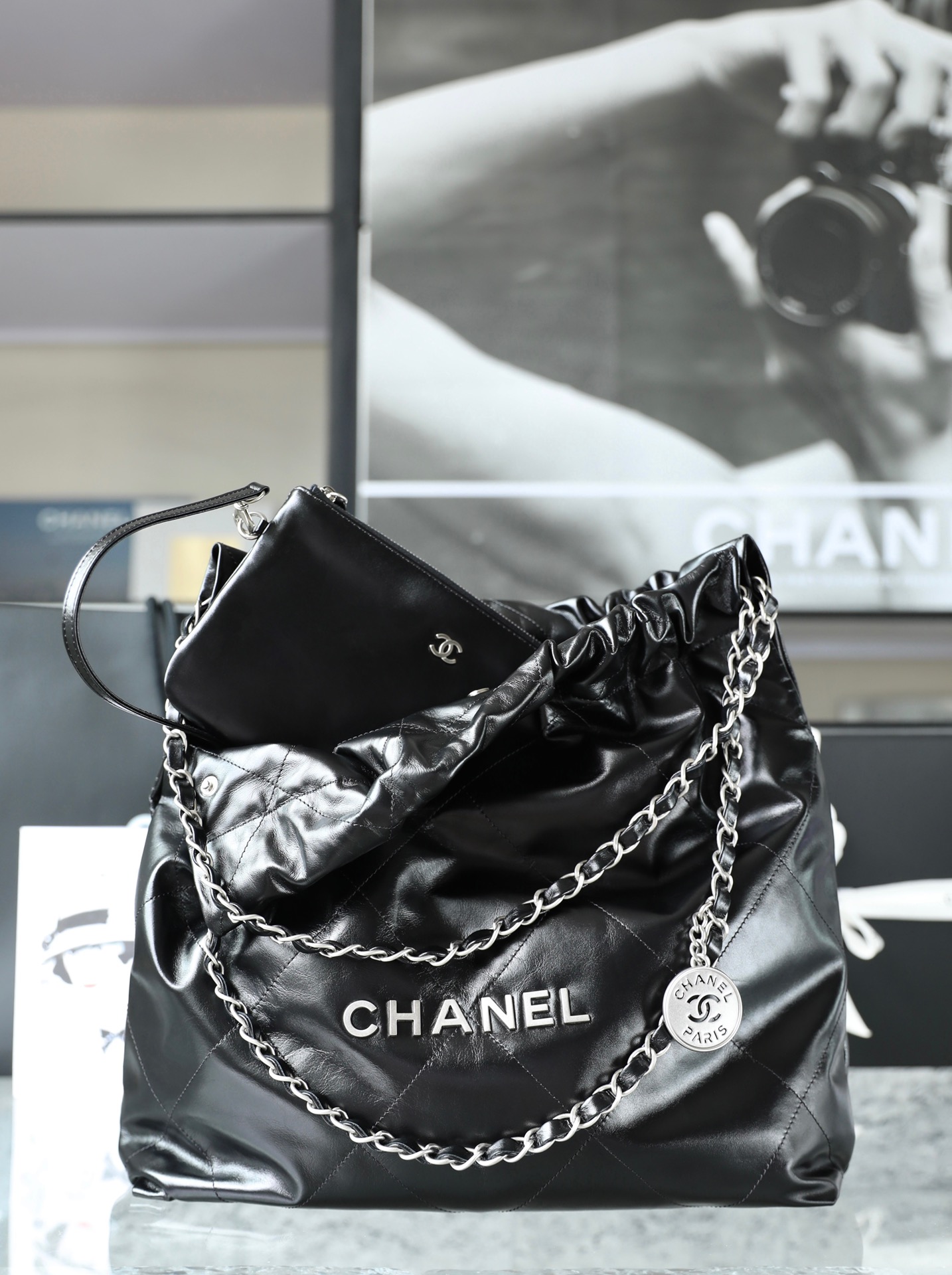 CHANEL Medium 22 Bag Black Calfskin Silver Hardware