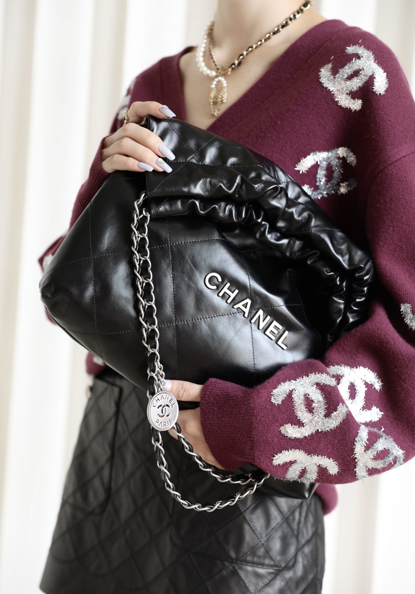 CHANEL Medium 22 Bag Black Calfskin Silver Hardware