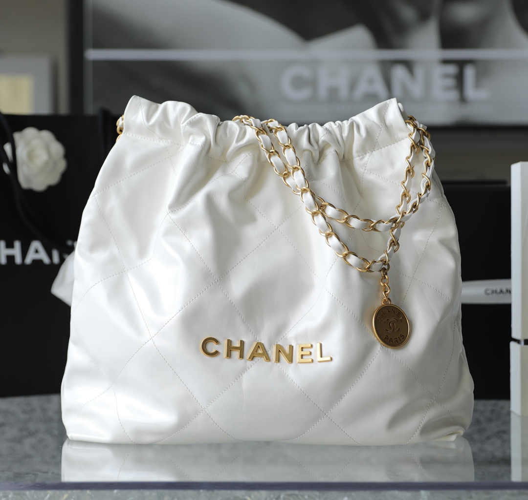 CHANEL Medium 22 Bag White Calfskin Gold Hardware