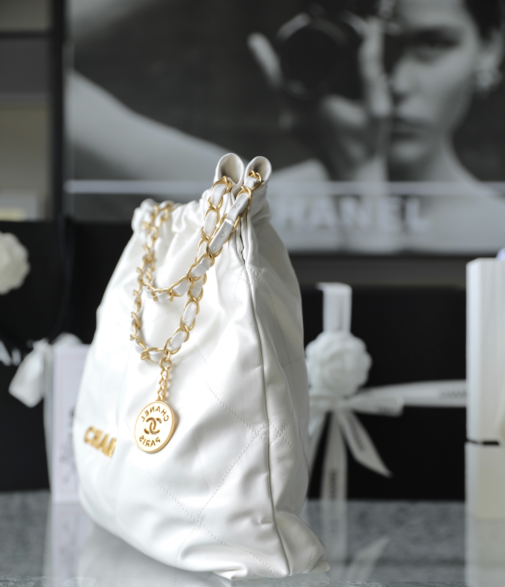 CHANEL Medium 22 Bag White Calfskin Gold Hardware